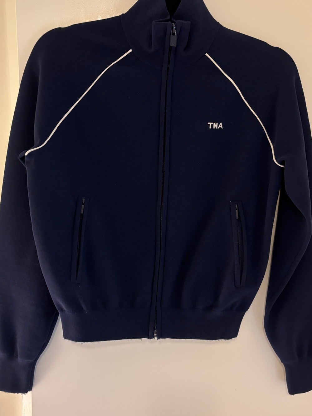 TNA Navy Zip Front Track Jacket with White Piping